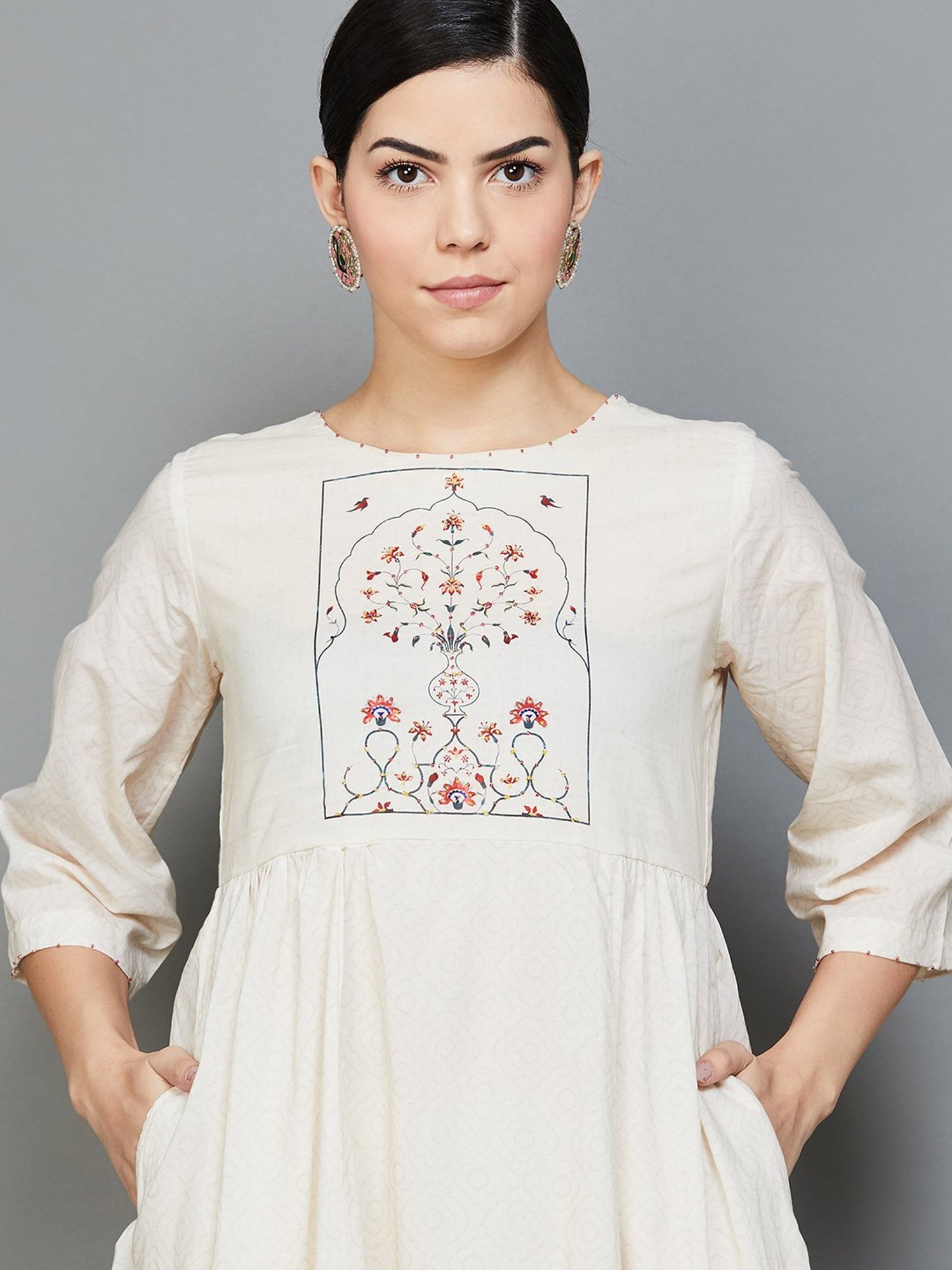 Melange by Lifestyle Off-White Cotton Floral Print Kurta Pant Set With Dupatta