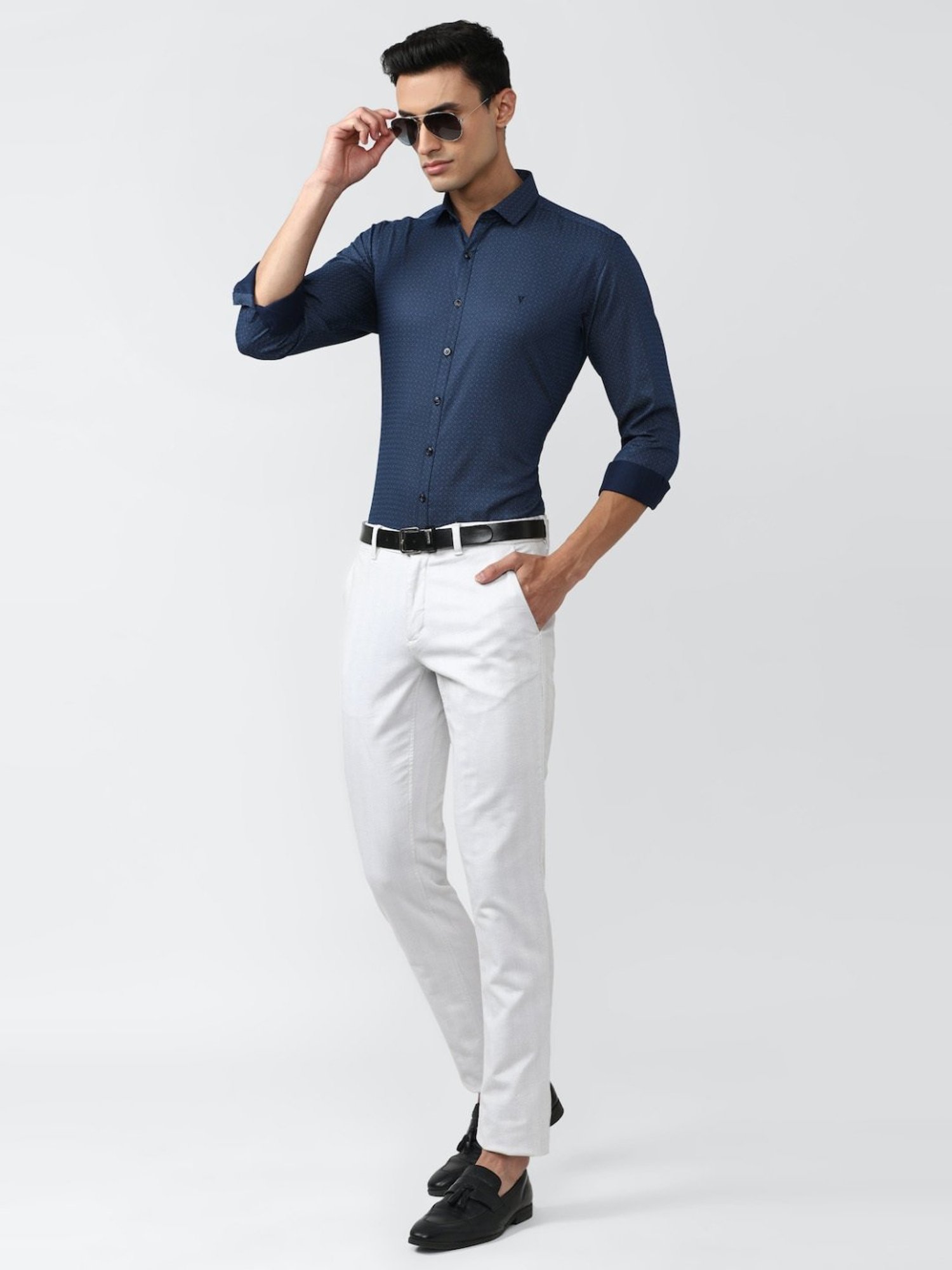 V Dot Navy Cotton Slim Fit Printed Shirt