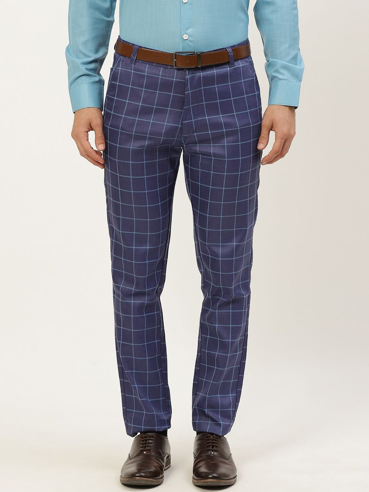 Sojanya Navy Cotton Regular Slim Fit Checks Flat Front Trousers