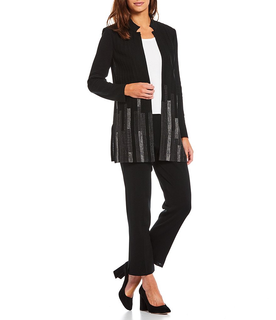 Ming Wang Melange Textured Detail Mandarin Collar Knit Jacket