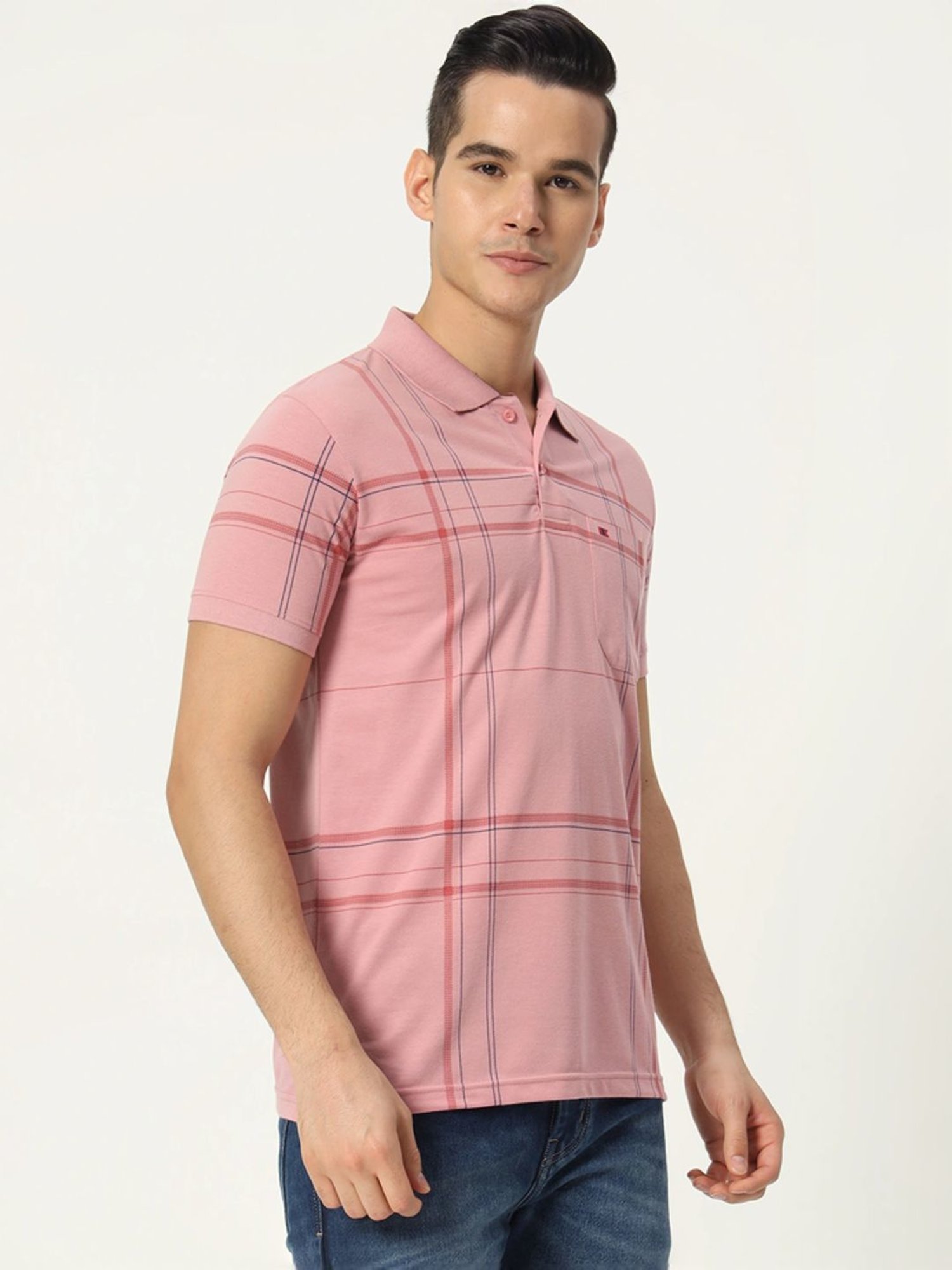 Tab91 Pink Regular Fit Checks Polo T-Shirts