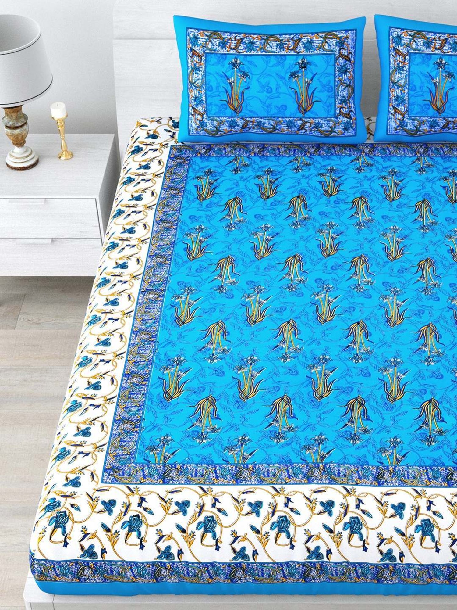 Living Roots Jaipuri Blue 210 TC Cotton Queen Bed Sheet with 2 Pillow Covers