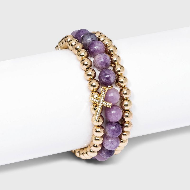 Beloved + Inspired Gold Granite with Cross Trio Stretch Bead Bracelet Set - Purple
