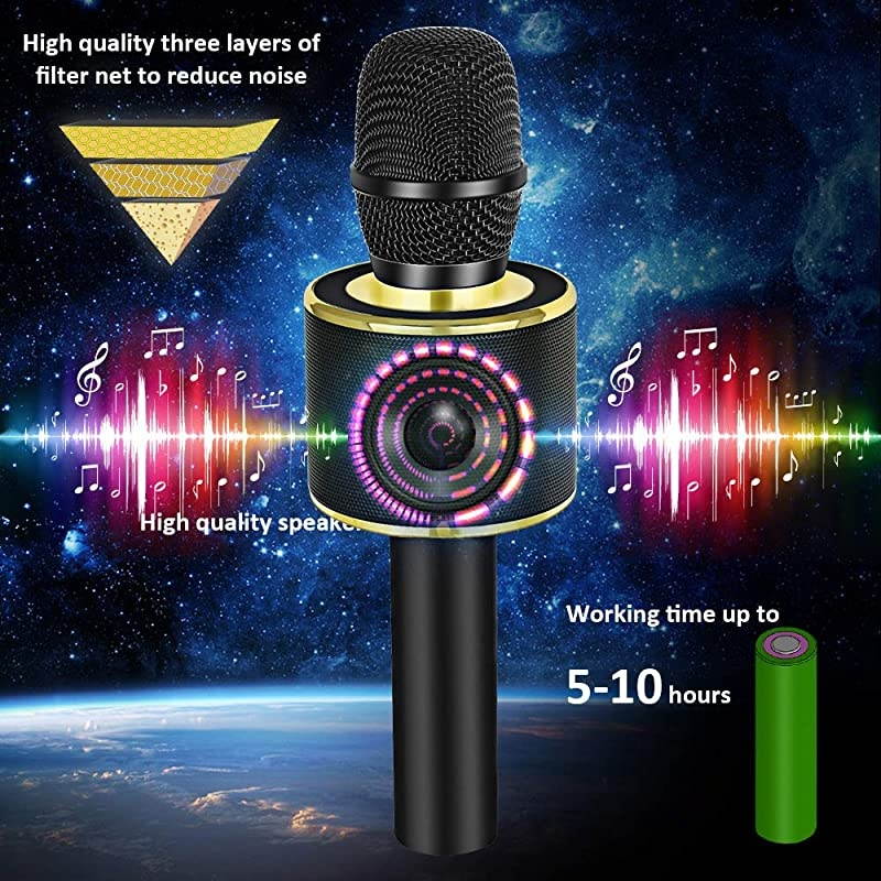 Karaoke Microphone Bluetooth Wireless, Portable Karaoke Machine Mic Speaker for Kids and Adults Home Party Birthday(Black Gold)
