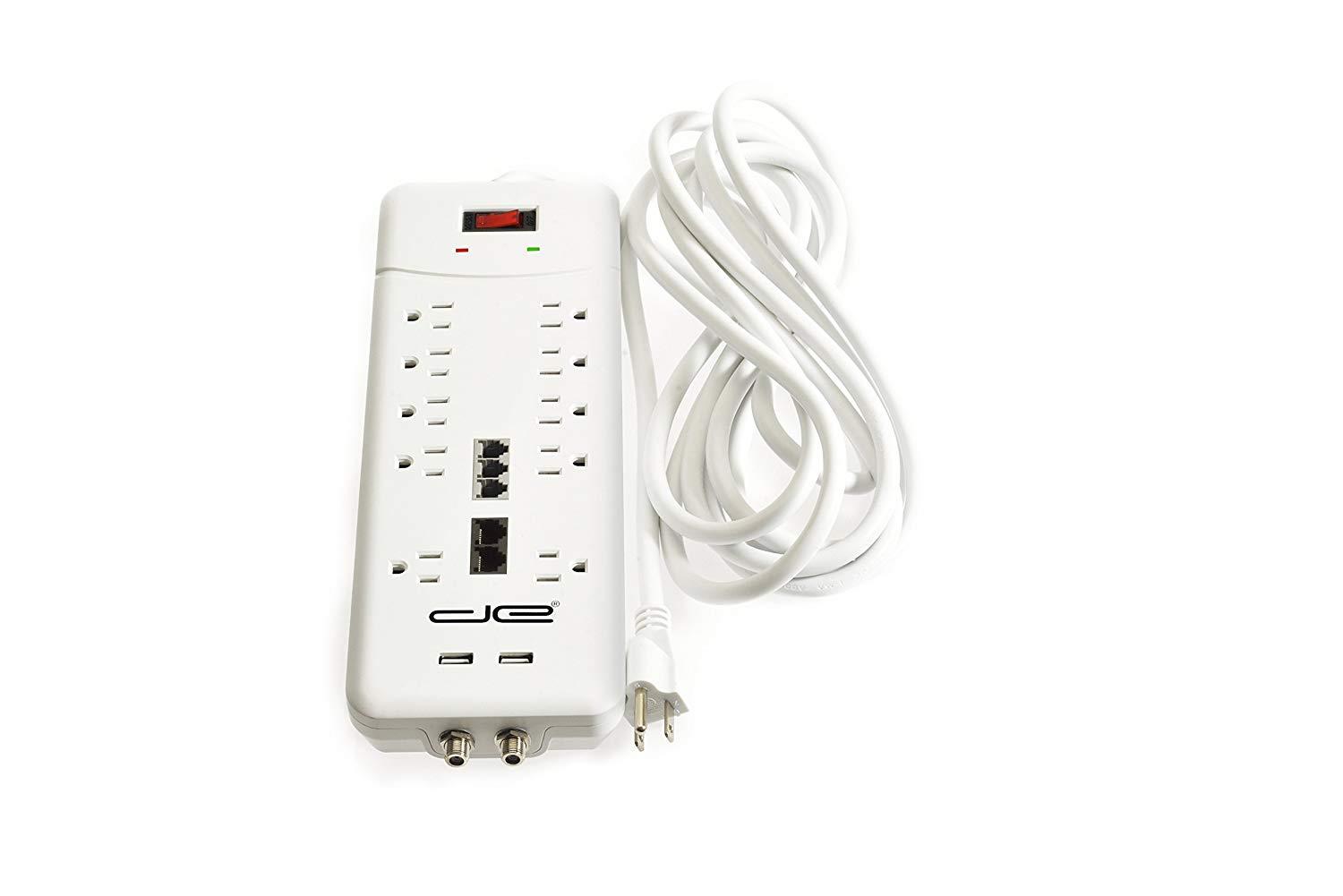 Digital Energy 15-ft Heavy Duty 10-Outlet 3500 Joules Surge Protector Power Strip, 15 Foot Long Extension Cord, Two USB Charging Ports, Coaxial, Phone Protection, ETL Listed. 15 AMP