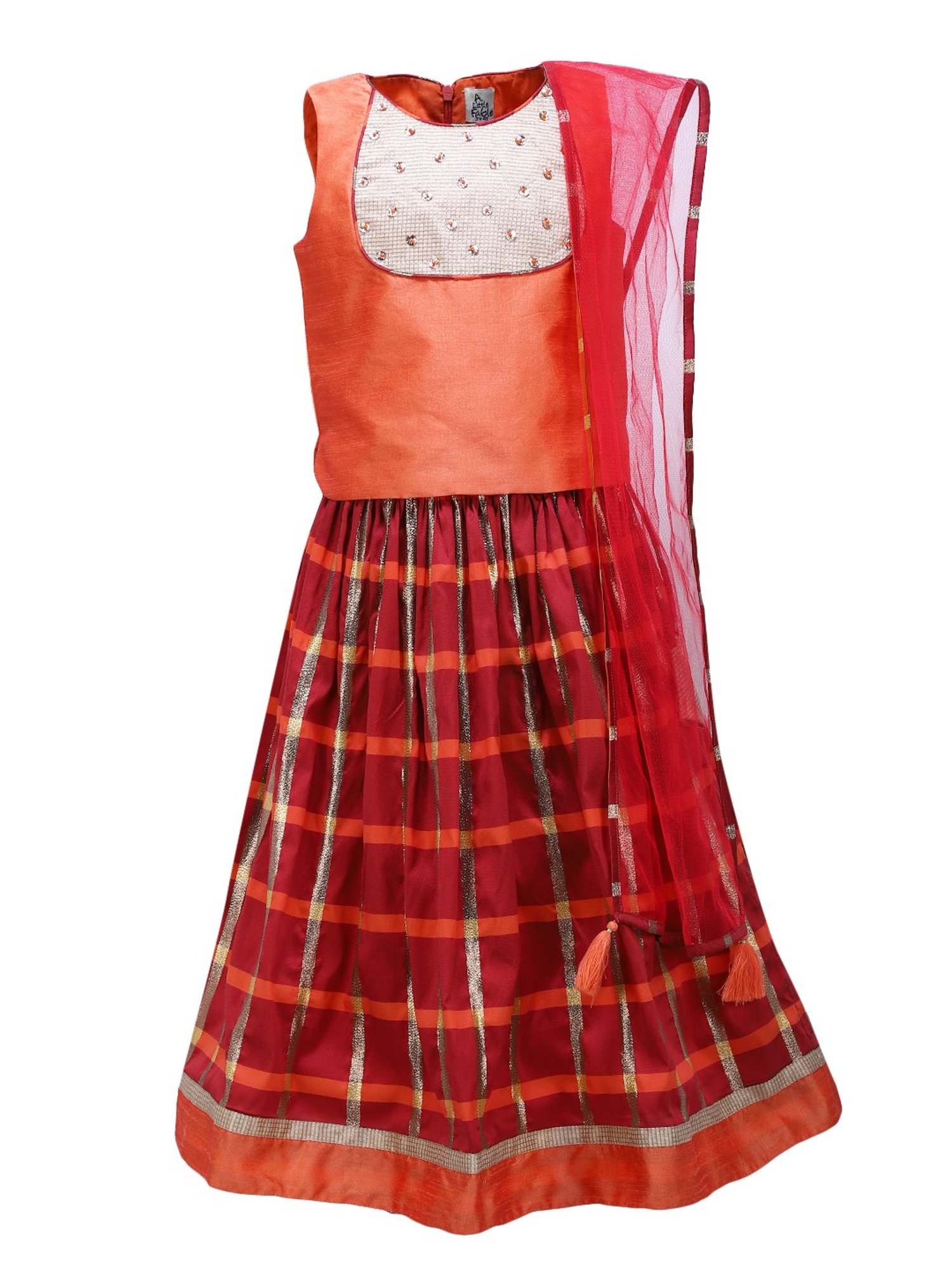 A Little Fable Kids Orange & Maroon Checks Choli, Lehenga With Dupatta