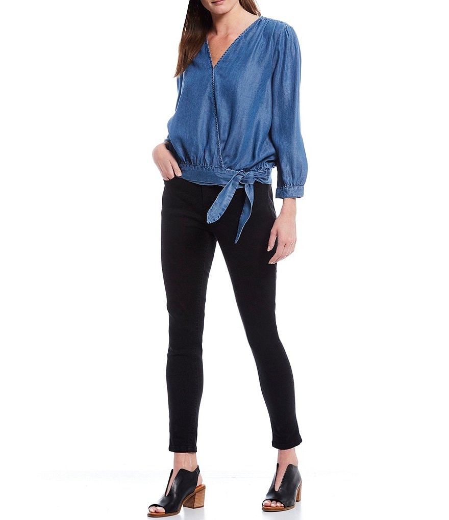 Reba Surplice V-Neck Long Sleeve Faux Wrap Chambray Top