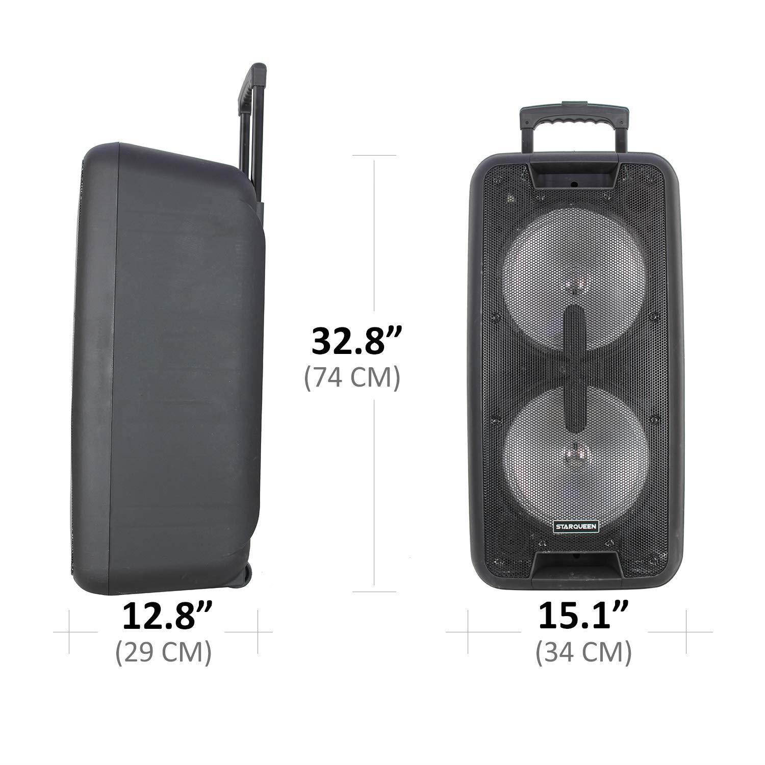 Starqueen Portable Bluetooth PA Speaker Dual 10Inch Woofer with Flashing Lights, Rechargeable Battery Powered Karaoke Loudspeaker Active DJ Party Speaker with 2 UHF Microphones, FM/MP3/USB/TF Card/AUX