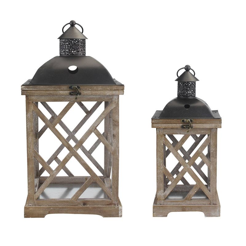 Set of 2 Wooden and Metal Hurricane Candles Lantern Brown - Stonebriar Collection
