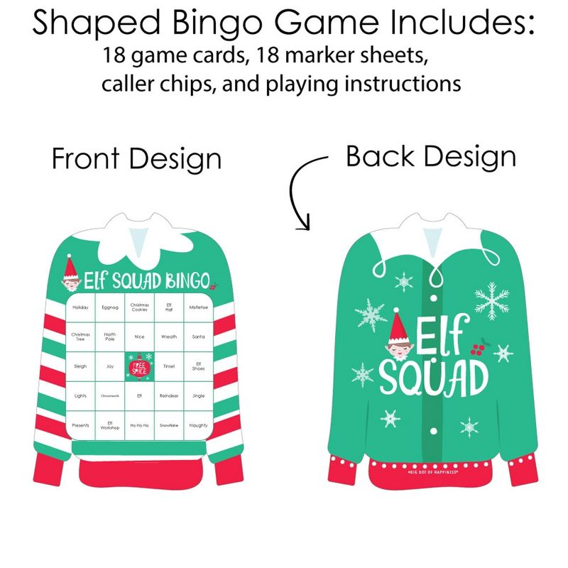 Big Dot of Happiness Elf Squad - Bingo Cards and Markers - Kids Elf Christmas and Birthday Party Shaped Bingo Game - Set of 18