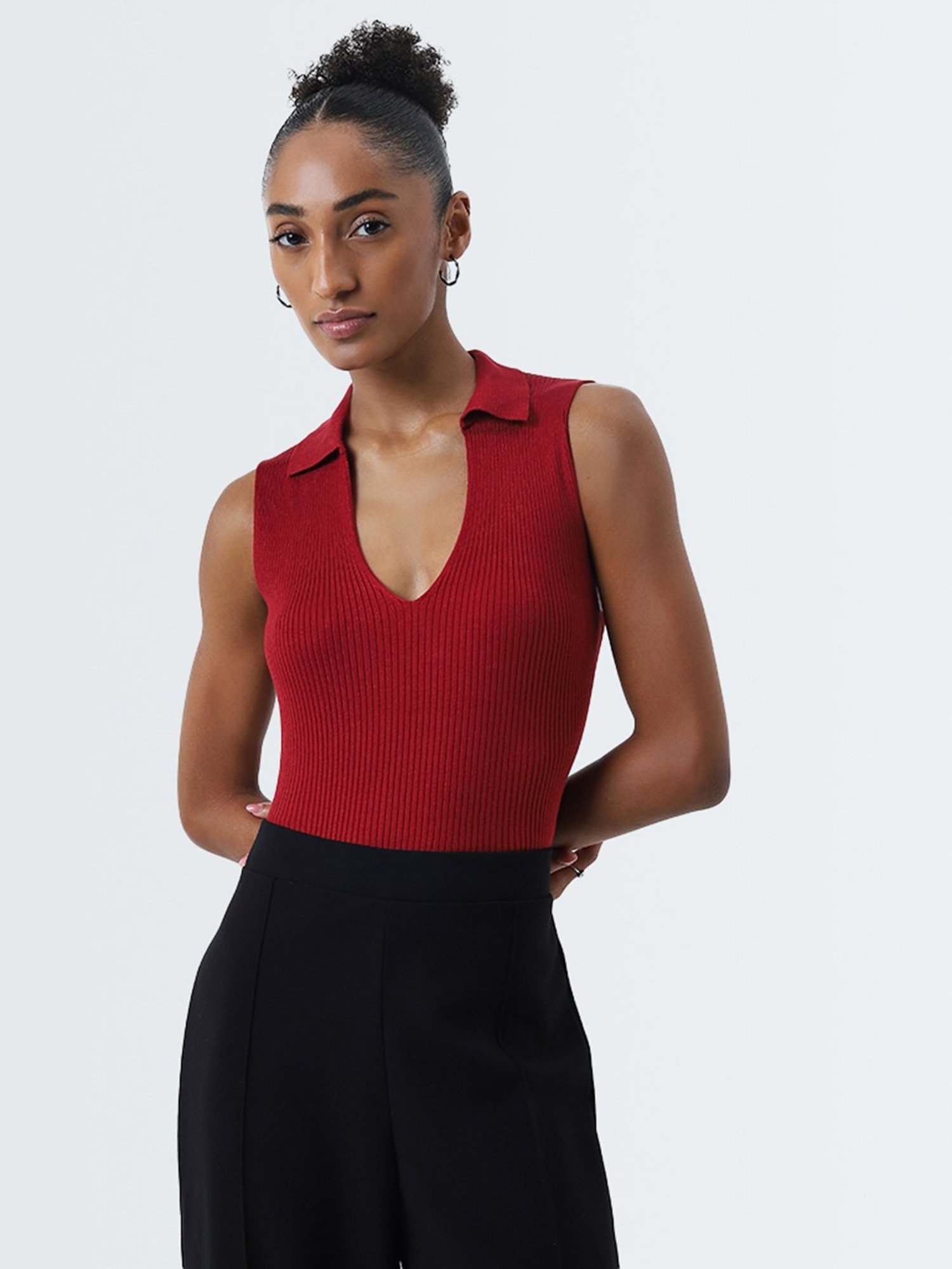 Wardrobe by Westside Red Ribbed Textured Top