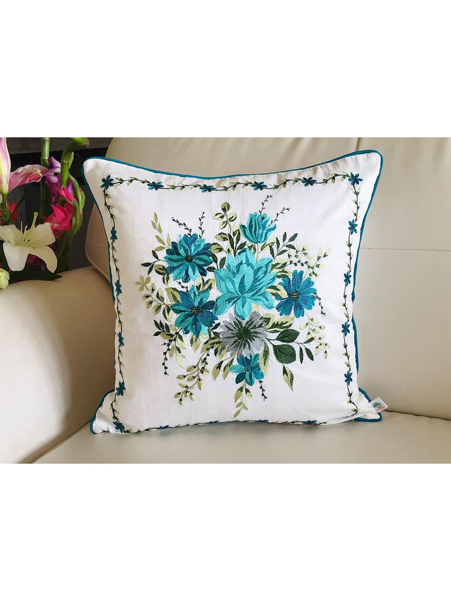 TARA Sparkling Homes Gardens of Florence Blue Cotton Silk Embroidery Cushion Cover
