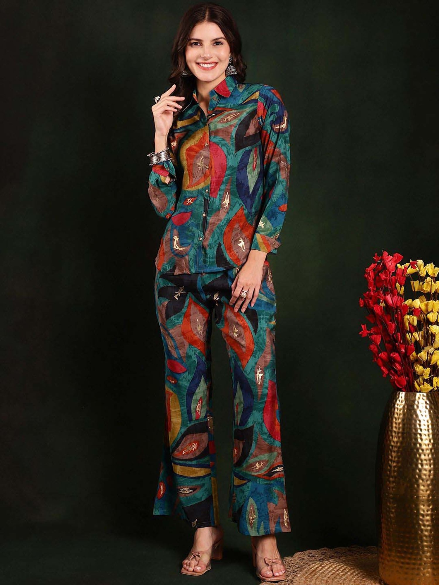 Claura Green Printed Shirt Pant Set