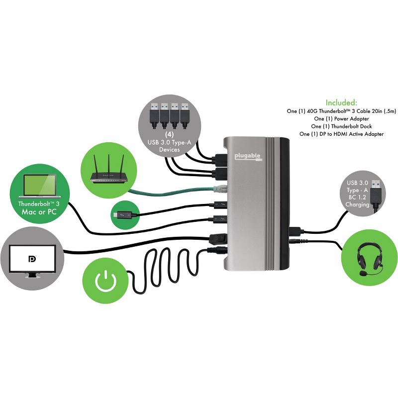 Plugable TBT3-UDV Docking Station - for Notebook/Desktop PC - 60 W - Thunderbolt 3 - 4 x USB Ports - 4 x USB 3.0 - Network (RJ-45) - DisplayPort