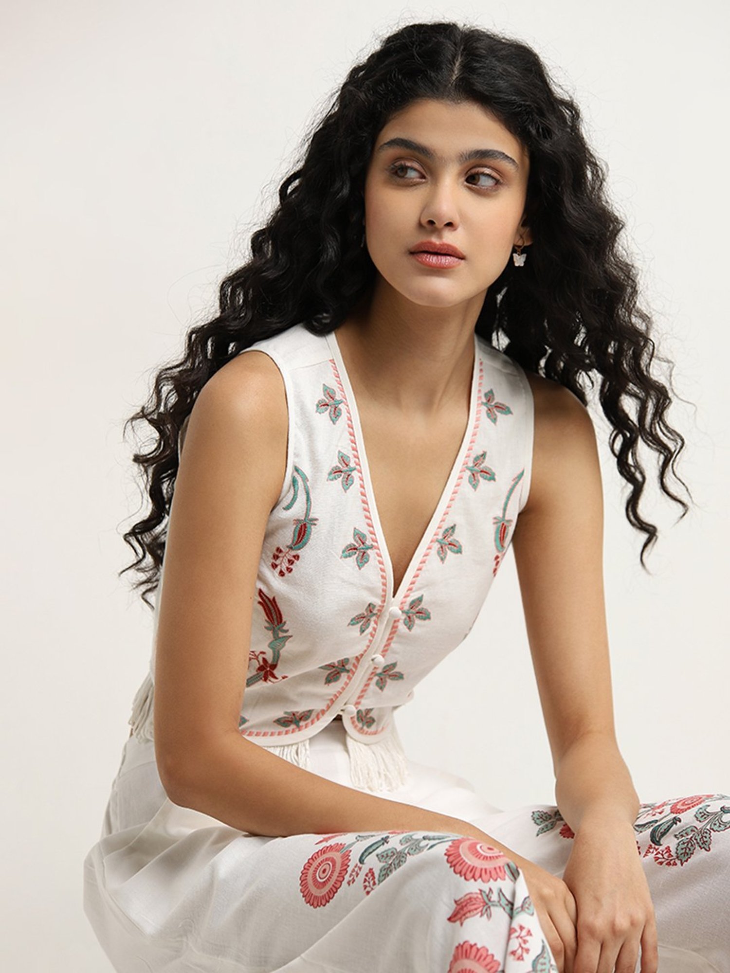 Bombay Paisley by Westside White Cotton Blend Waistcoat-Style Top