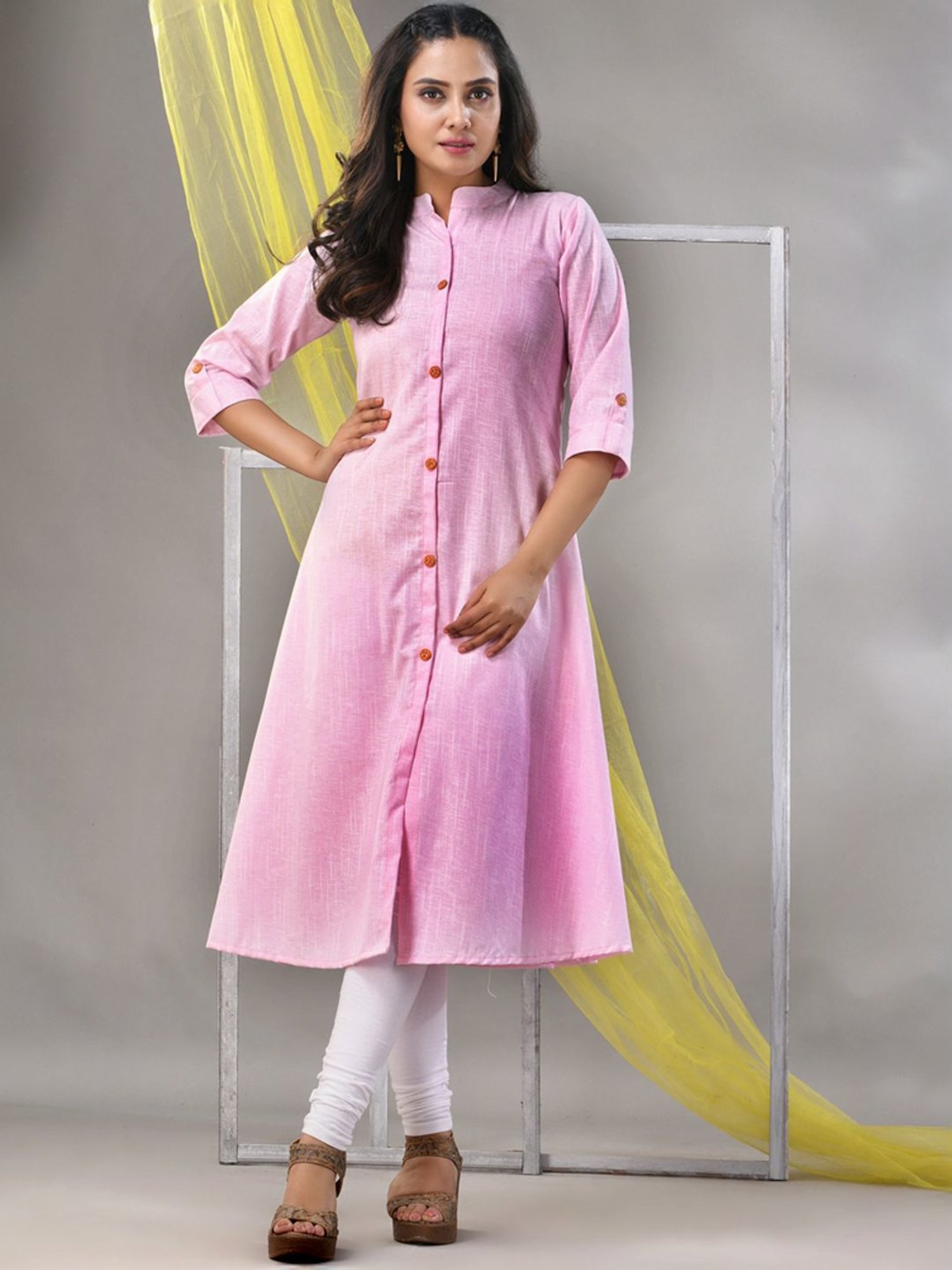 CHARUKRITI Baby Pink Cotton Straight Kurta