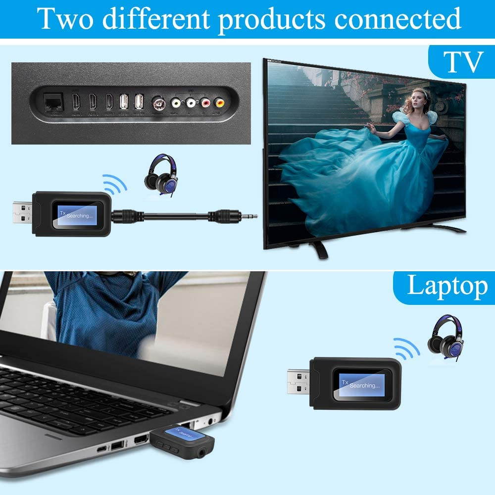 2 in 1 Bluetooth 5.0 Wireless Audio Receiver Transmitter LCD Display 3.5mm AUX Jack Bluetooth Adapter for Car PC TV Headphones