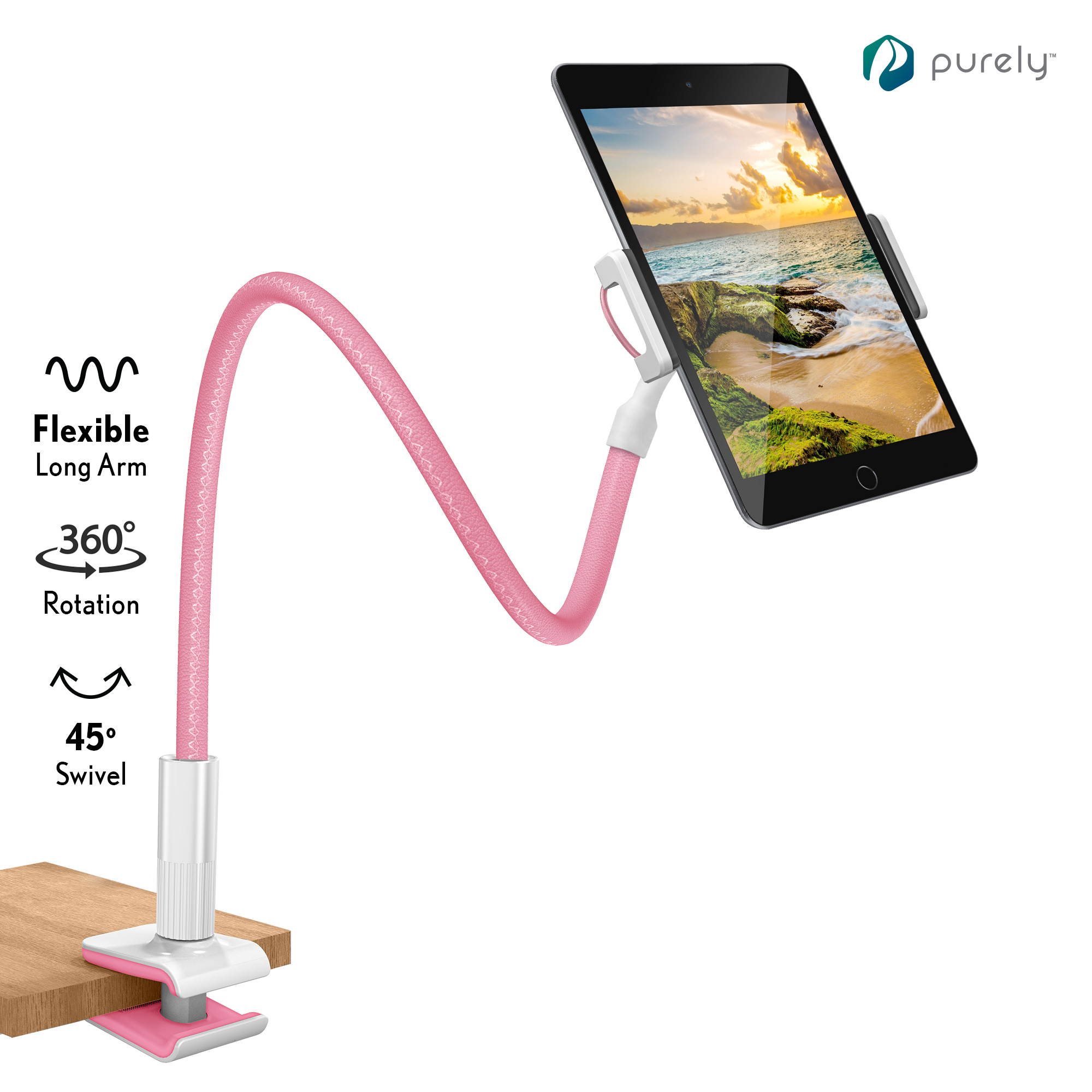 Purely Gooseneck Phone and Tablet Holder Deluxe | 39&rdquo; Flexible Arm with Clip Mount 4" to 12.9" Devices - Compatible with iPad Pro, Mini & Samsung Galaxy Tab - Desk, Bedside, Headboard Stand