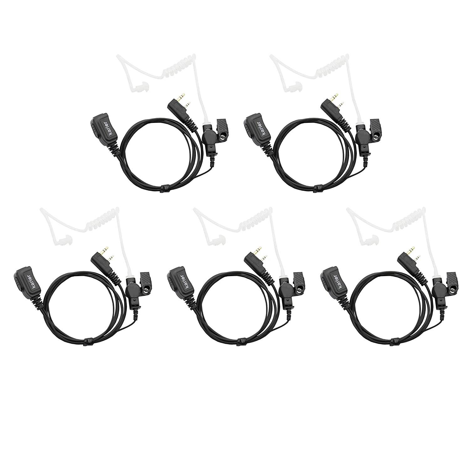 Karier 2 Pin Earpiece Headset with PTT Mic and Transparent Acoustic Tube for Kenwood Nexedge Hytera Puxing Wouxun Radio UV-82 UV-5R BF-F9 BF-888S TK260 TH-215 H-777 RT21 GT-3TP (5 Pack)