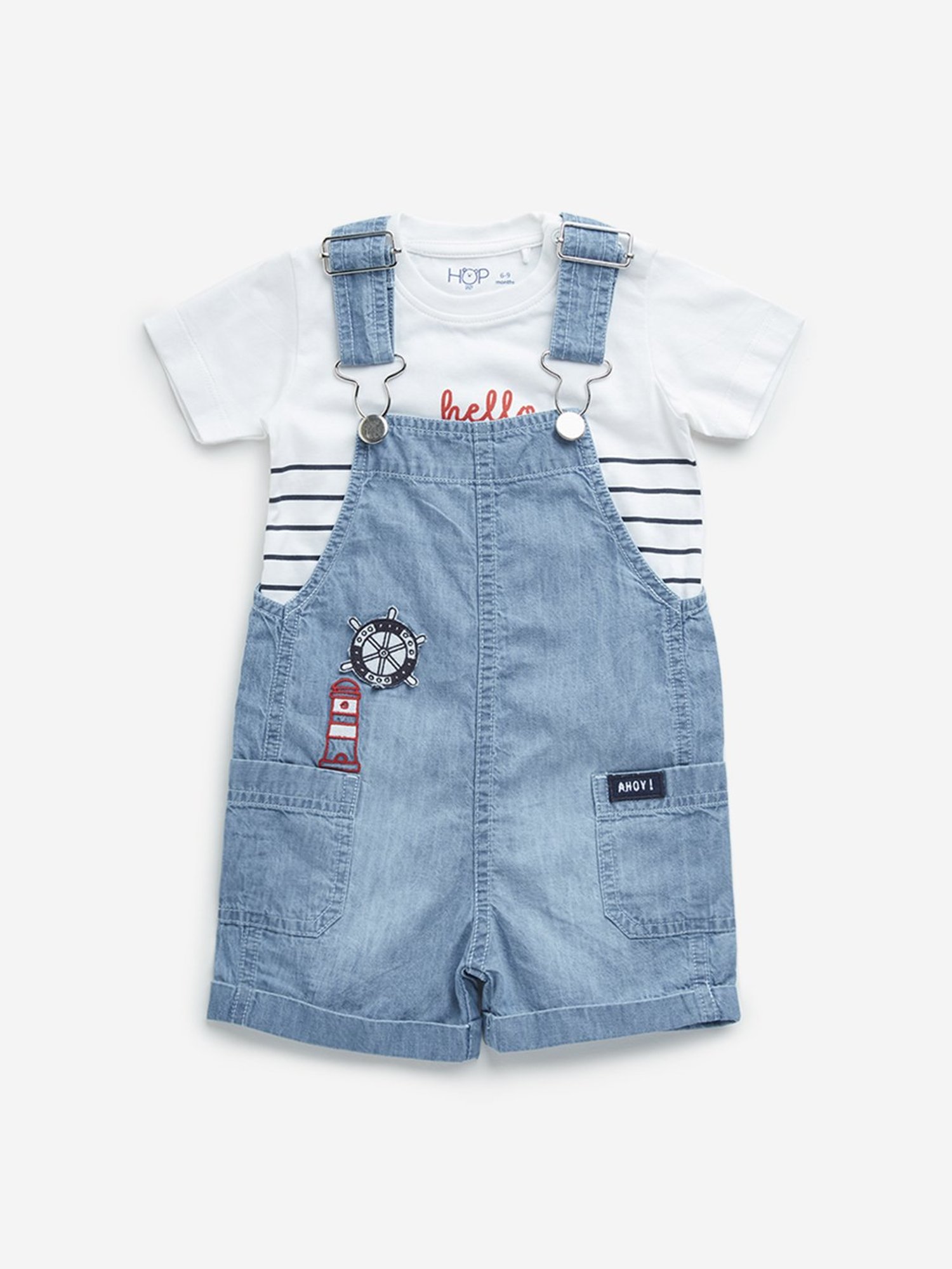 HOP Baby by Westside Blue Denim Dungaree & White Striped Cotton T-Shirt
