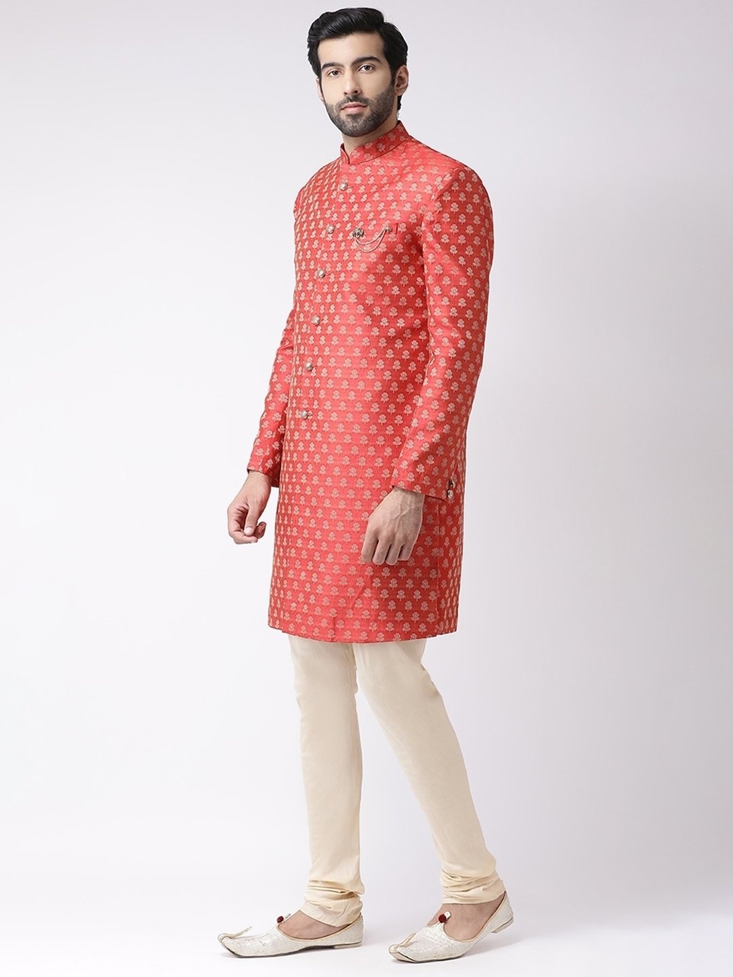 Hangup Plus Beige & Black Regular Fit Printed Sherwani Set