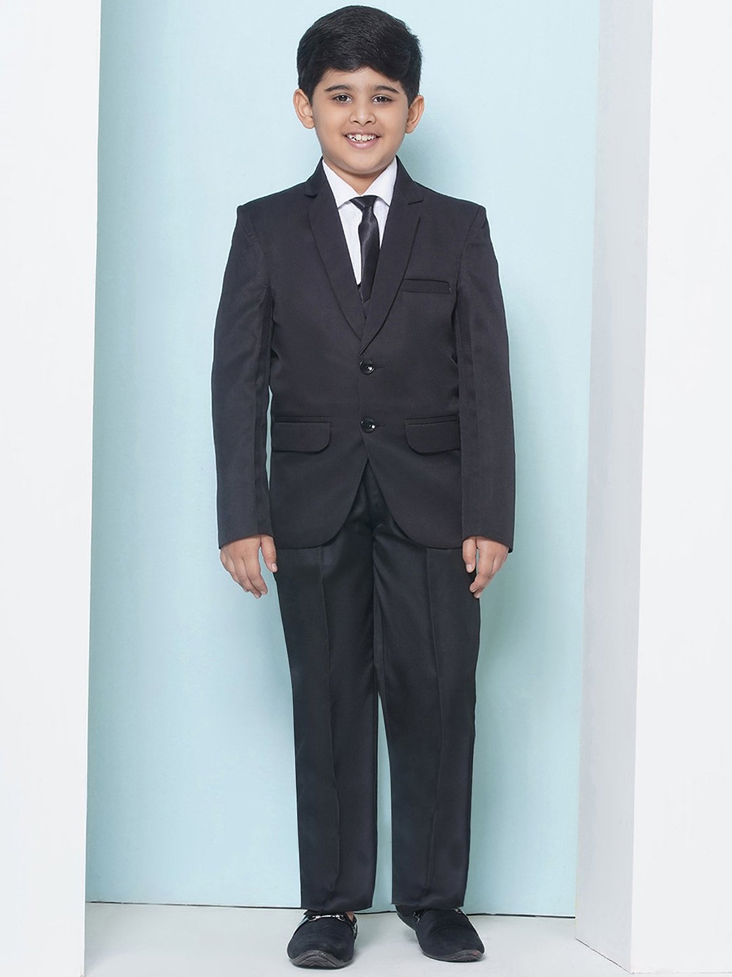 AJ Dezines Kids Sky Blue & Black Solid Full Sleeves Shirt, Pants, Coat, Waistcoat with Tie