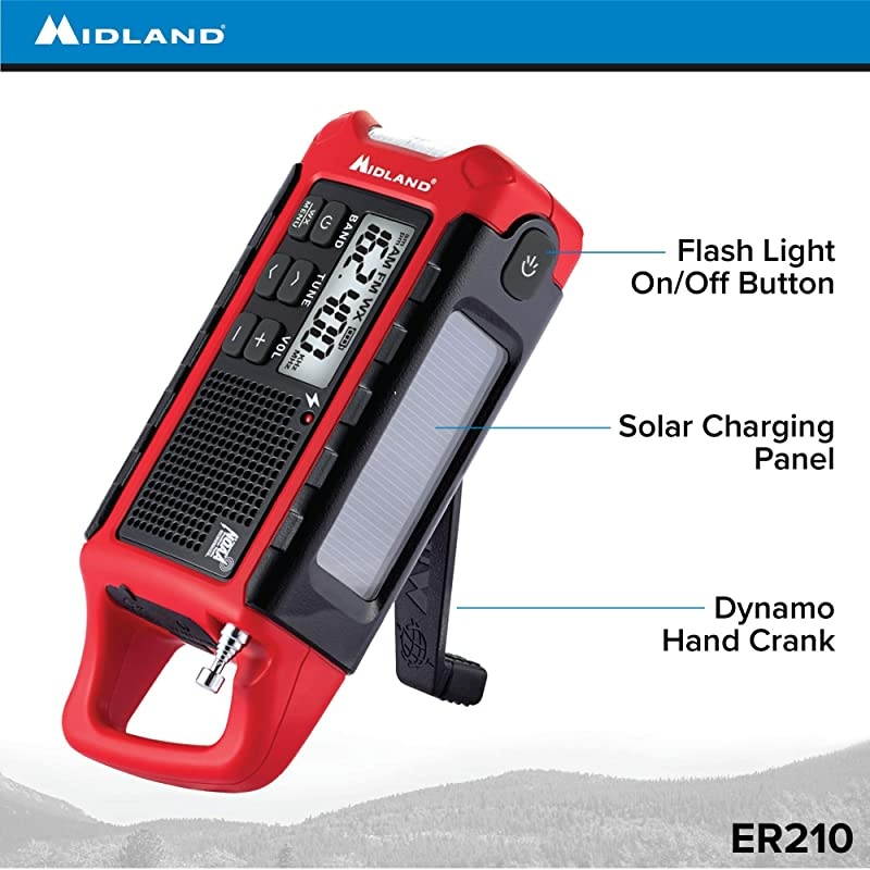 ER210 Emergency Compact Crank Weather AMFM Radio Multiple Power Sources SOS Emergency Flashlight NOAA Weather Scan + Alert amp SmartphoneTablet Charger RedBlack