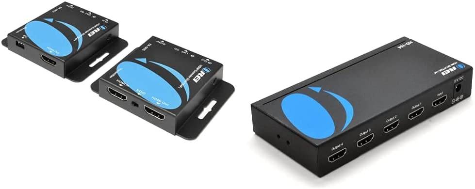 OREI 164-Feet HDMI Extender Over Single CAT5e/CAT6 up to 1080p, Full HD, Loop Out Option & 4K 1x4 HDMI Splitter by OREI - 1 Port to 4 HDMI Display Duplicate/Mirror - HD-104 Black