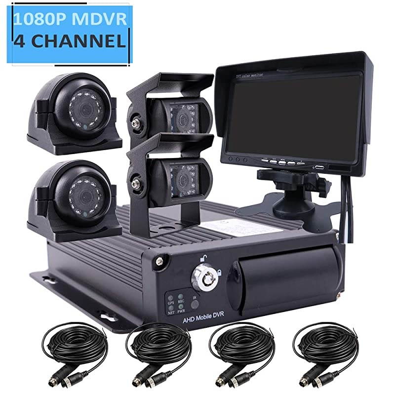 4 Channel 1080P AHD Two SD 512GB Mobile Vehicle Car DVR MDVR Video Recorder Kit with IR Night Vision Waterproof Side Front Rear View Sony Camera 7 inch Car Monitor for Truck RV Van Bus
