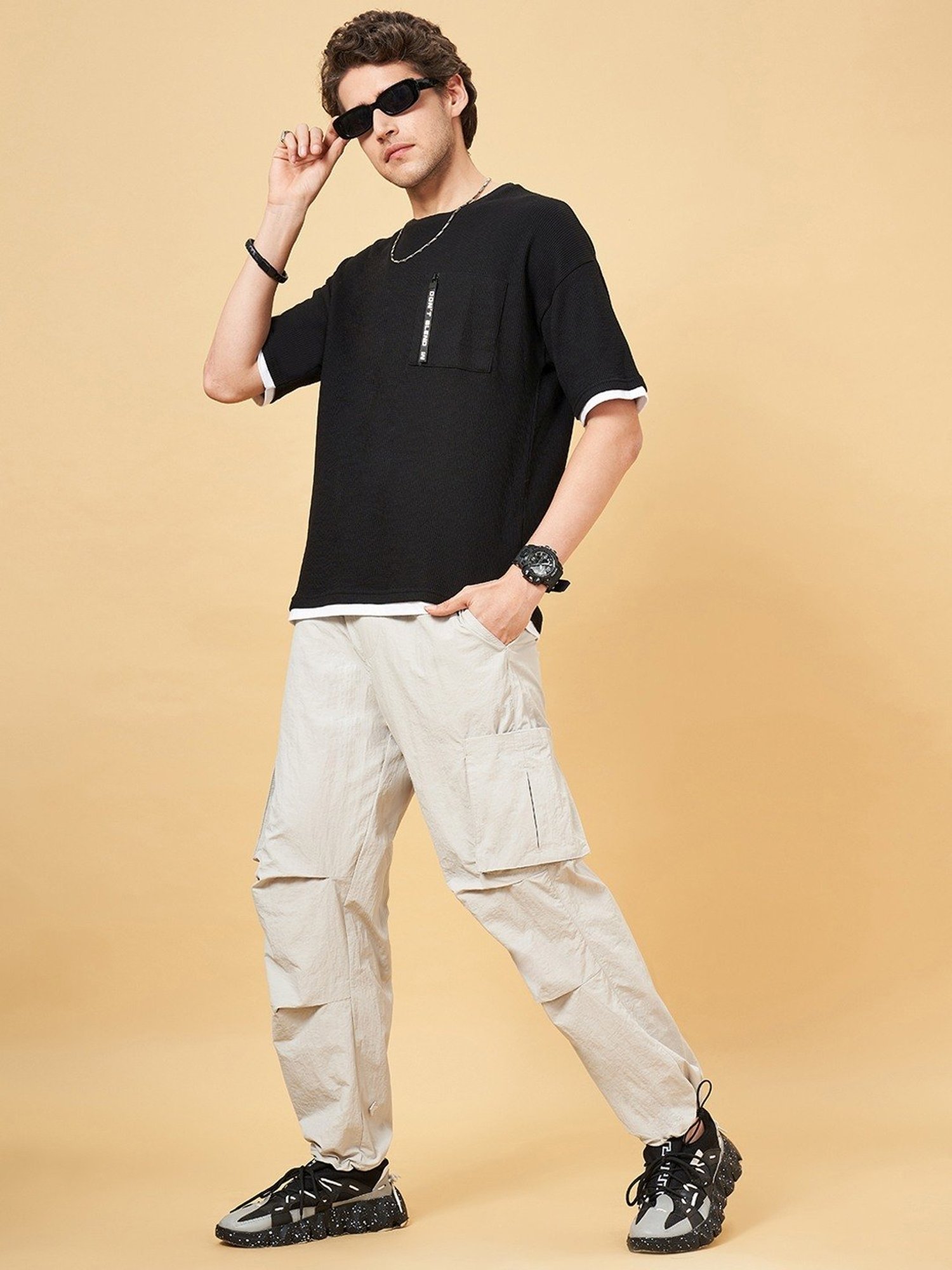 Street 808 By Pantaloons Jet Black Loose Fit Texture T-Shirt