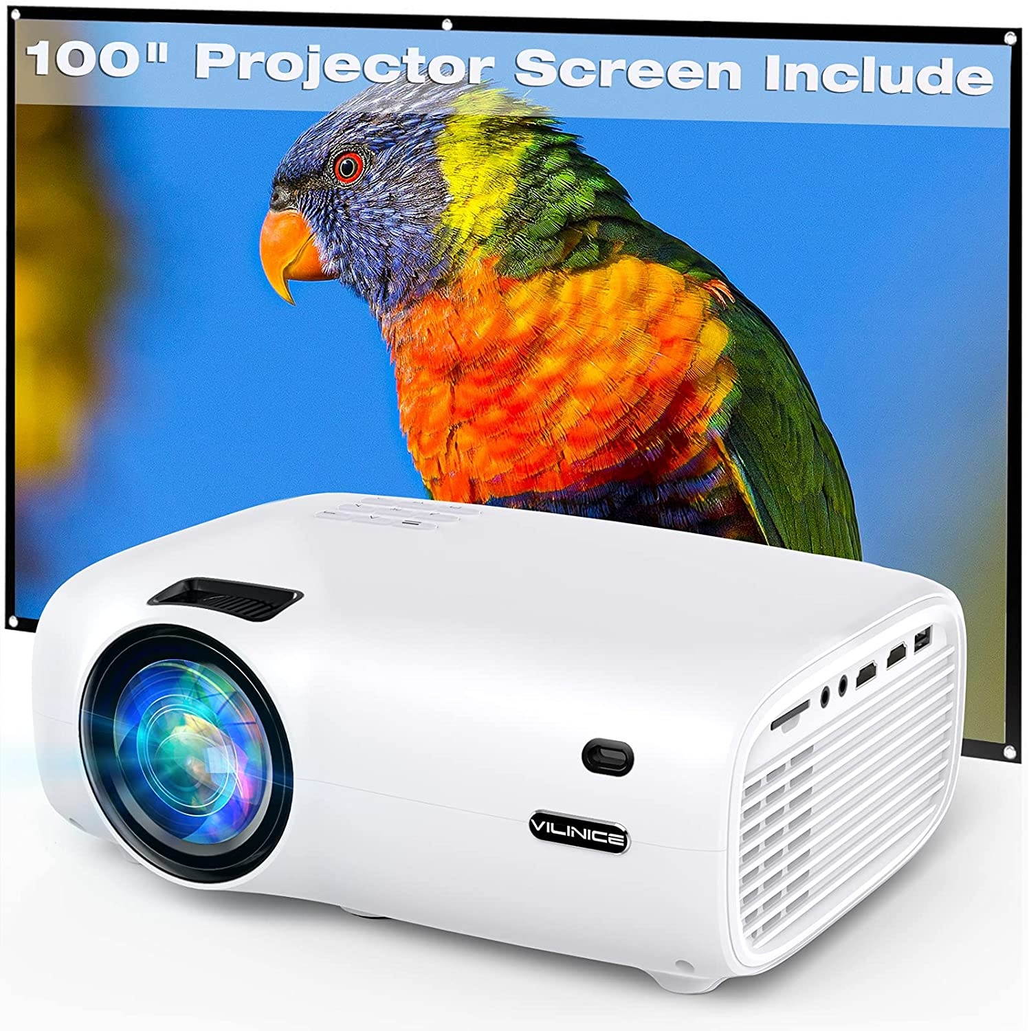 Vilinice BL-43 6000L Outdoor Movie Projector with 100 Inch Screen, 1080P and 240" Display Supported, Portable Video Projector Compatible with TV Stick, PS4, HDMI, USB, VGA