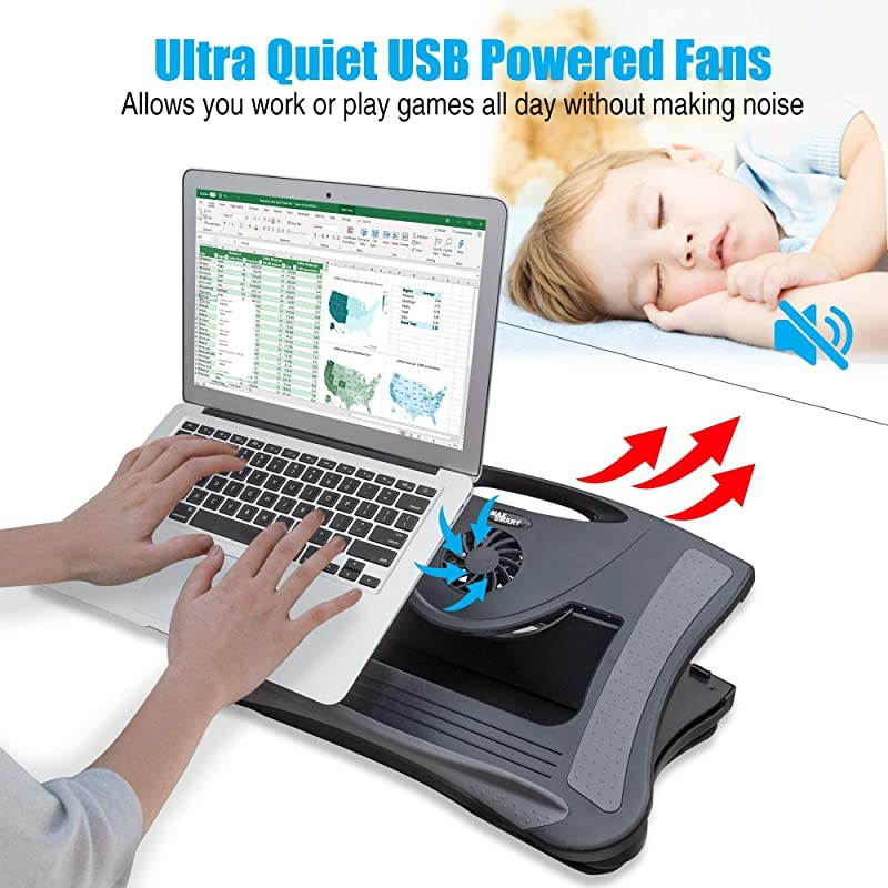 Laptop Lap Pad Laptop Stand with Attached Mouse Pad, Cushion and USB Cooling Fan, Non-Slip Heat Shield Tablet Computer Stand for Sturdy Work Station for Home, Office, Bed Sofa, Couch and Car