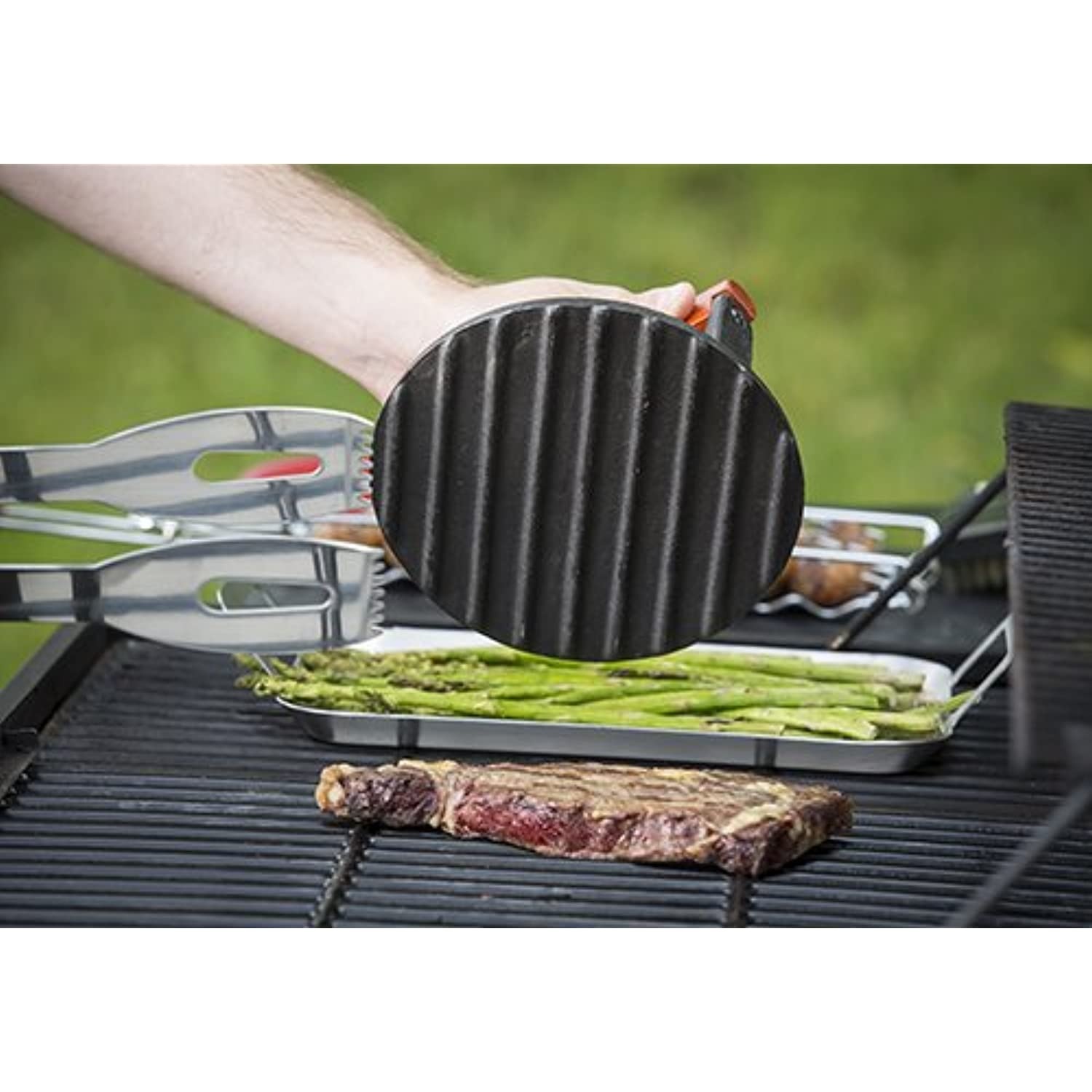 TableCraft BBQ3015 BBQ Coated Cast Iron 7-Inch Round Steak Weight with Wood Handle, Small, Black