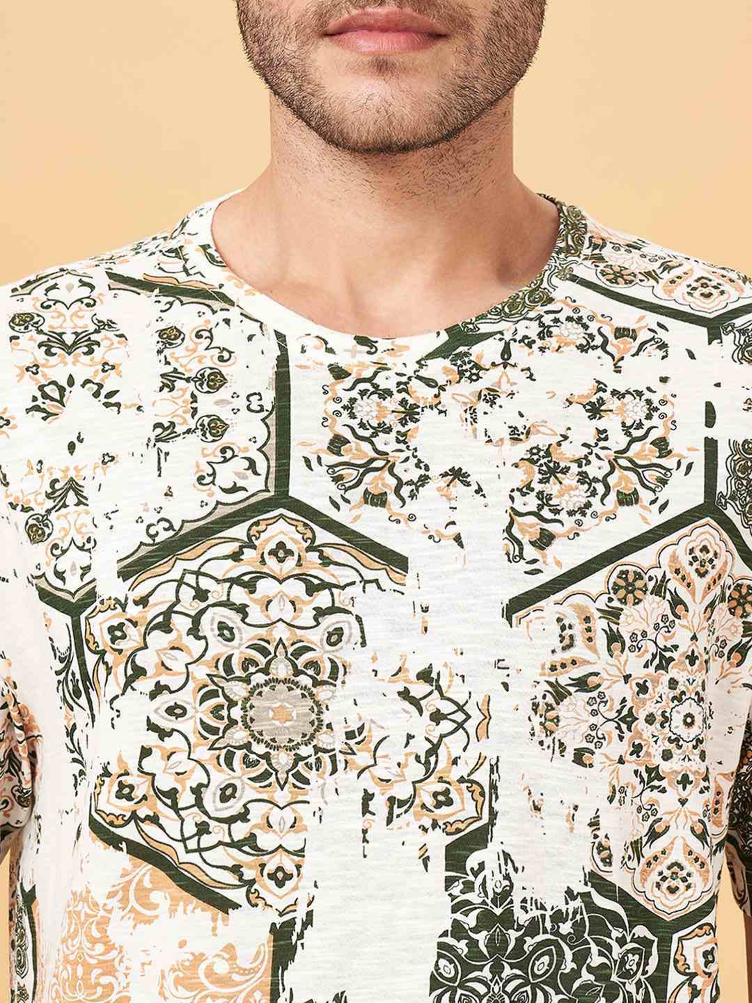 7 Alt by Pantaloons Beige Cotton Relaxed Fit Printed T-Shirt