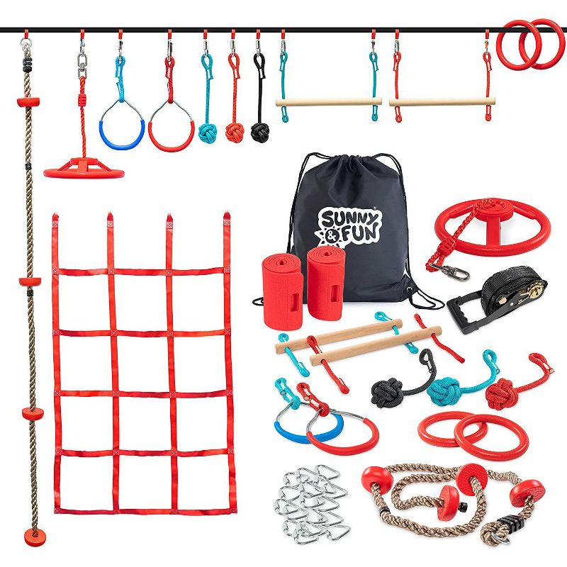 Sunny & Fun 50 Ft. Ninja Slackline Monkey Bar & Climbing Rope &ndash; Kids Gym Swinging Obstacle Course Set - Warrior Training, Fists, Cargo Net, Spinning Wheel, Gymnastics & Freestyle Rings - Bag & Tree Protectors