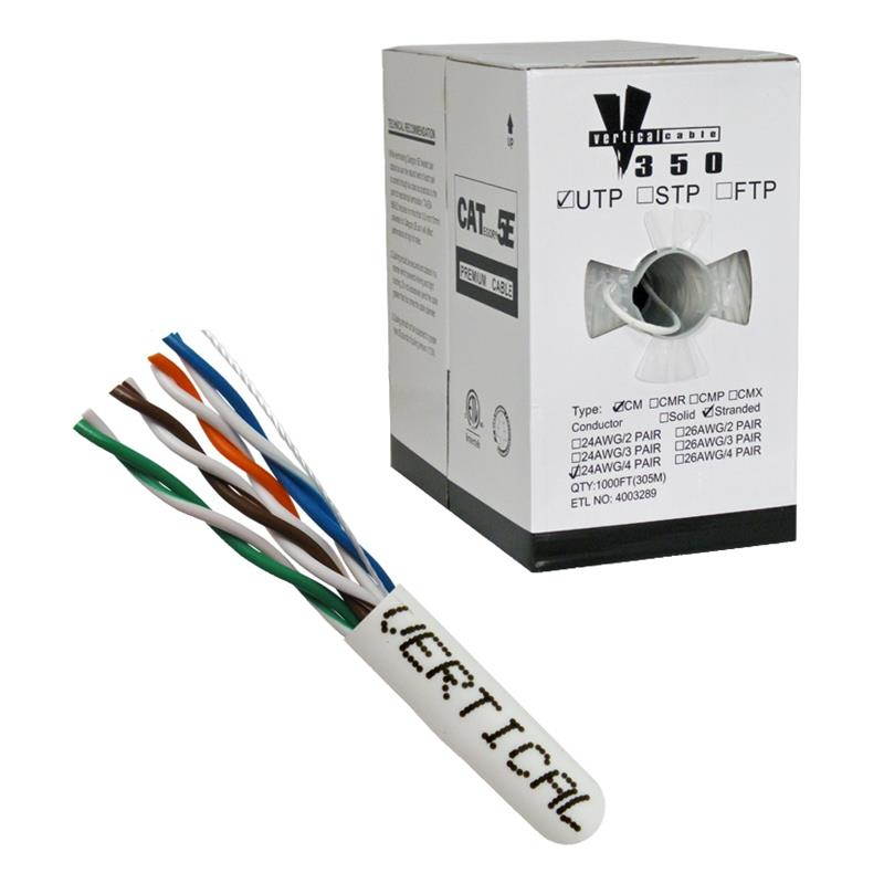 CAT-5E UTP 1000 8-Conductor Bulk White-PVC Jacket Stranded AWG24 Solid-Bare Copper UL-ETL Cable