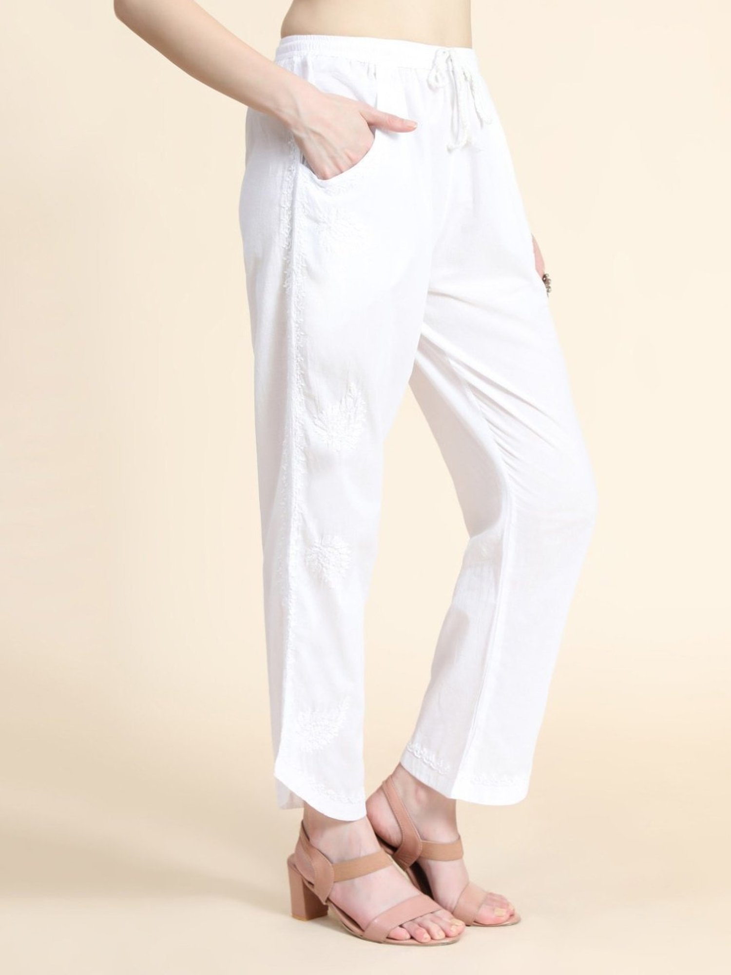 House Of Kari HOK Chikankari White Cotton Pant Trouser