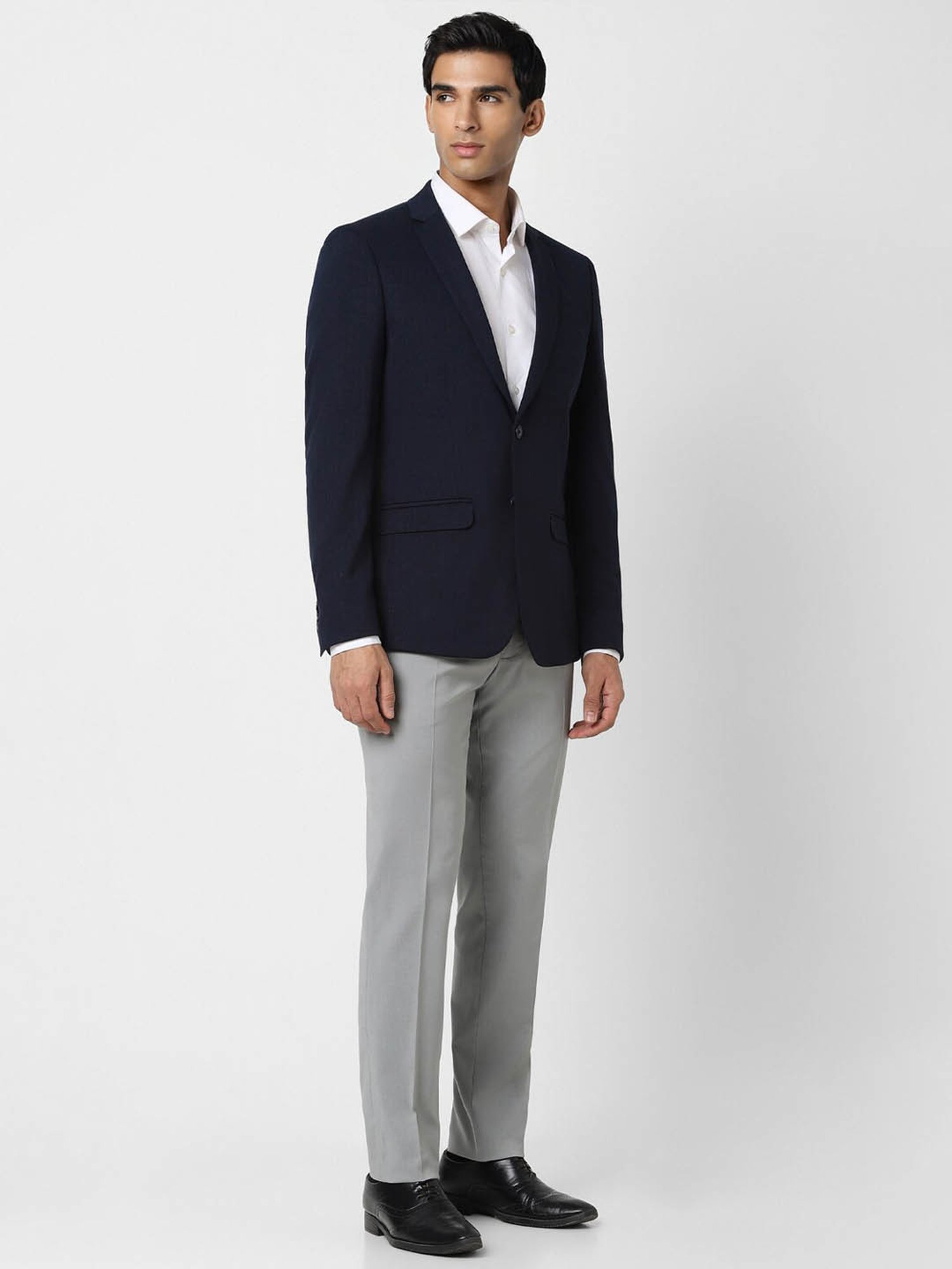 V Dot Navy Blue Skinny Fit Blazer
