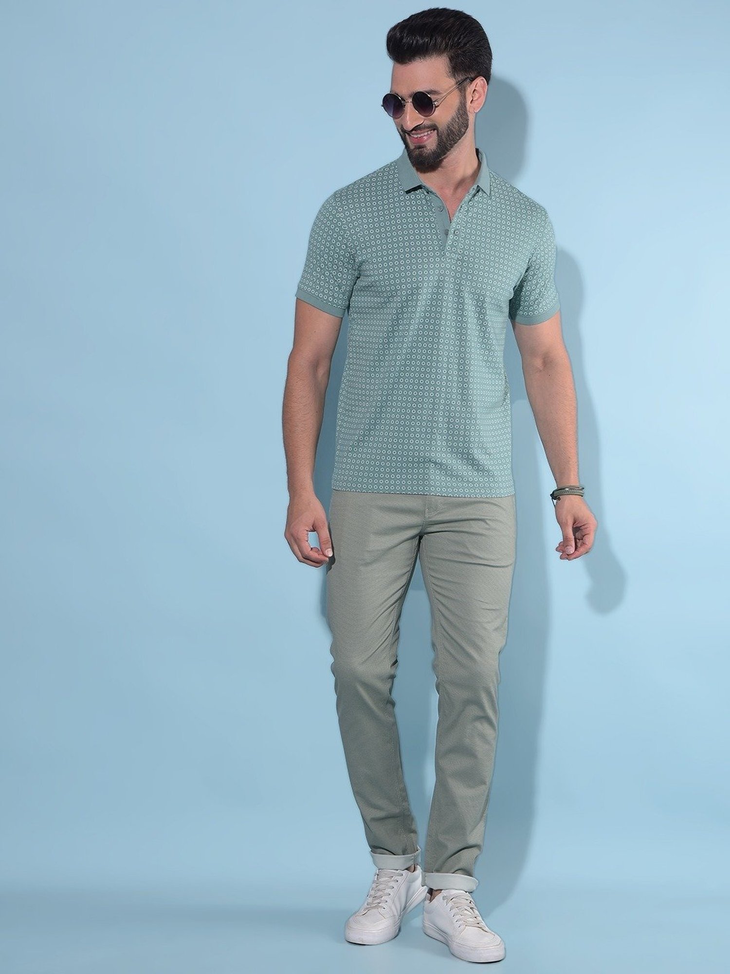 Crimsoune Club Green Cotton Slim Fit Printed Polo T-Shirt