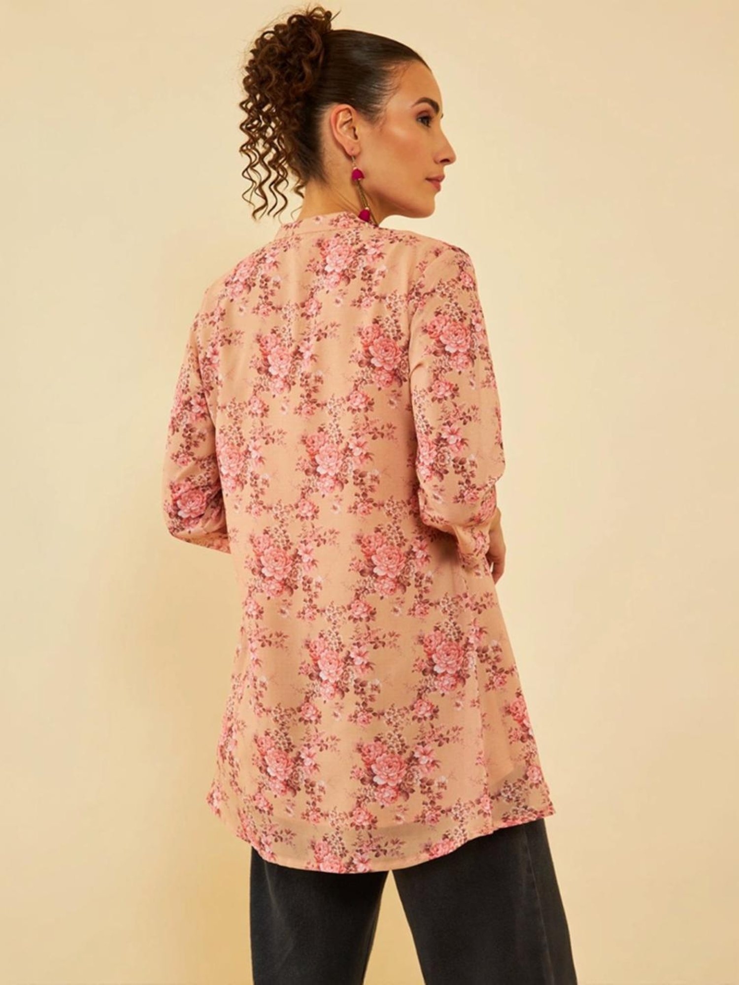 Soch Beige Georgette Floral Printed Mandarin Collar A-Line Tunic