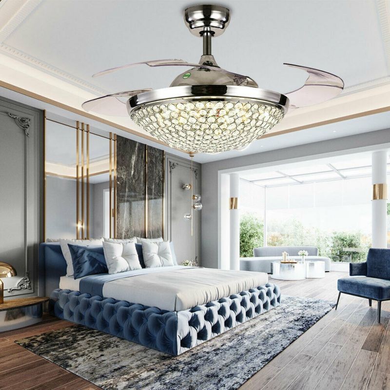 42" Crystal Invisible Fan Chandelier Silver 2-Color Dimming W/Remote Control USA