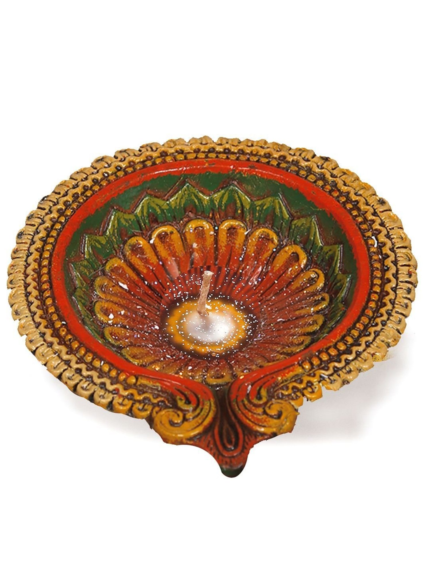 Aapno Rajasthan Orange & Yellow Terracotta Floral Shape Big Earthen Gel filled Diya - 1 Piece