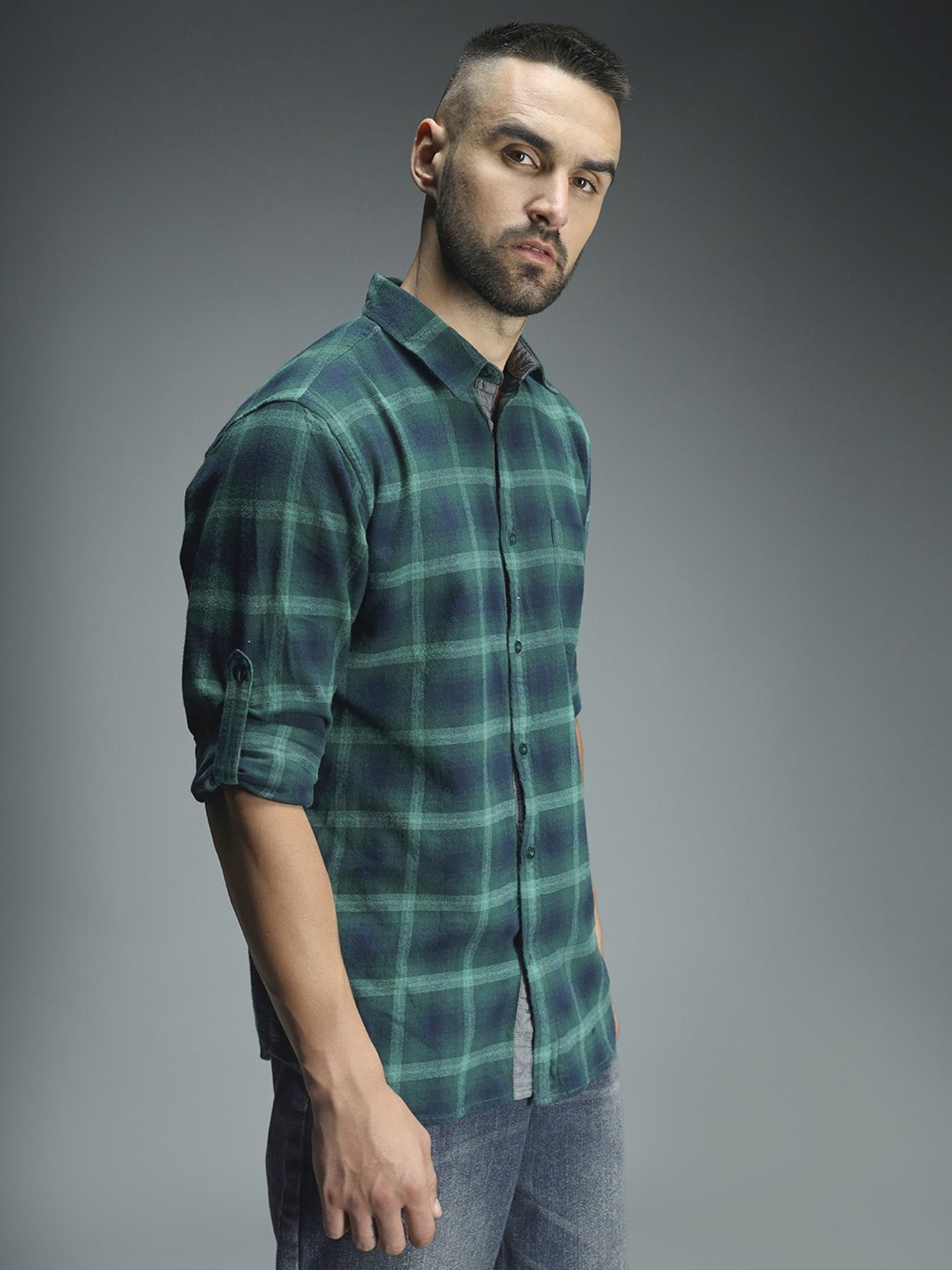 High Star Green Cotton Regular Fit Checks Shirt
