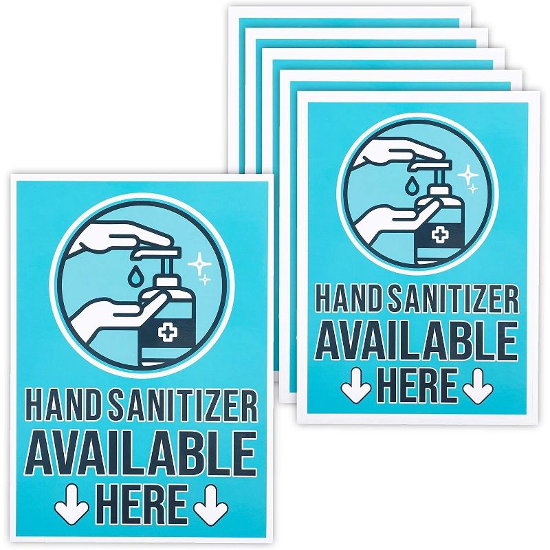 6-Pack Hand Sanitizer Available Here Signs, Self-Adhesive Vinyl Sticker, Blue, 5x7 inches