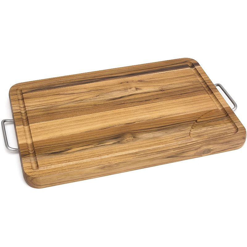 Lipper International Extra Large Versatile Home Carving/Cutting Board with Convenient Metal Side Carry Handles, Teak