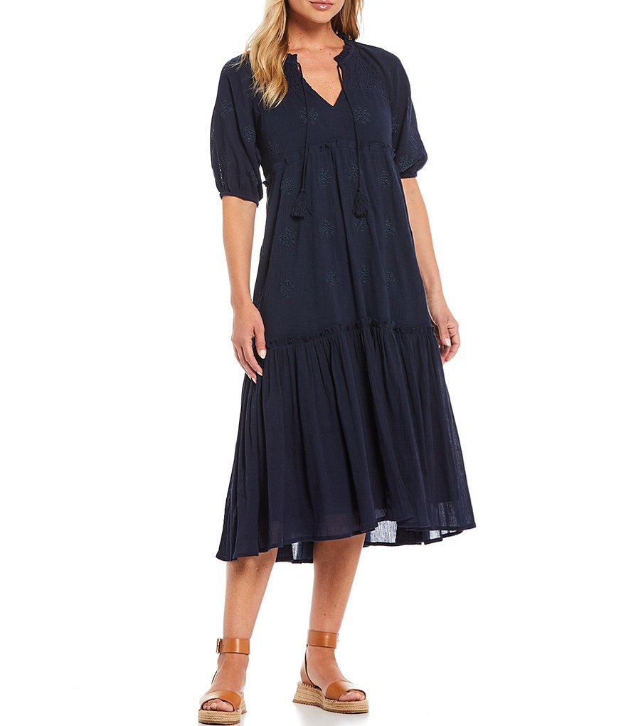 Reba Eyelet Embroidery Cotton Crinkle Peasant Volume Dress