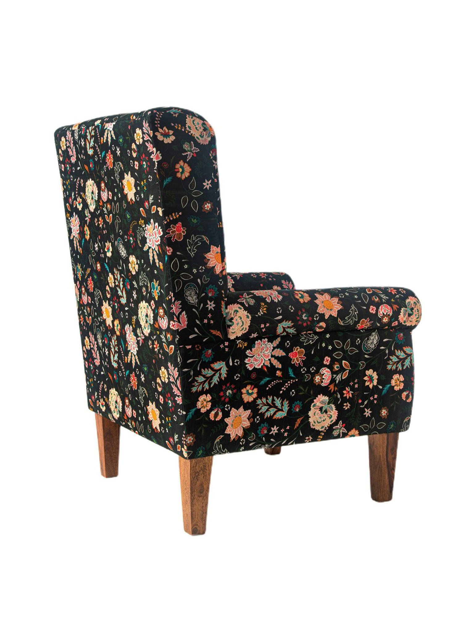 Chumbak Bohemian Paisleys Floral Black Sheesham Wood Begum Wing Chair