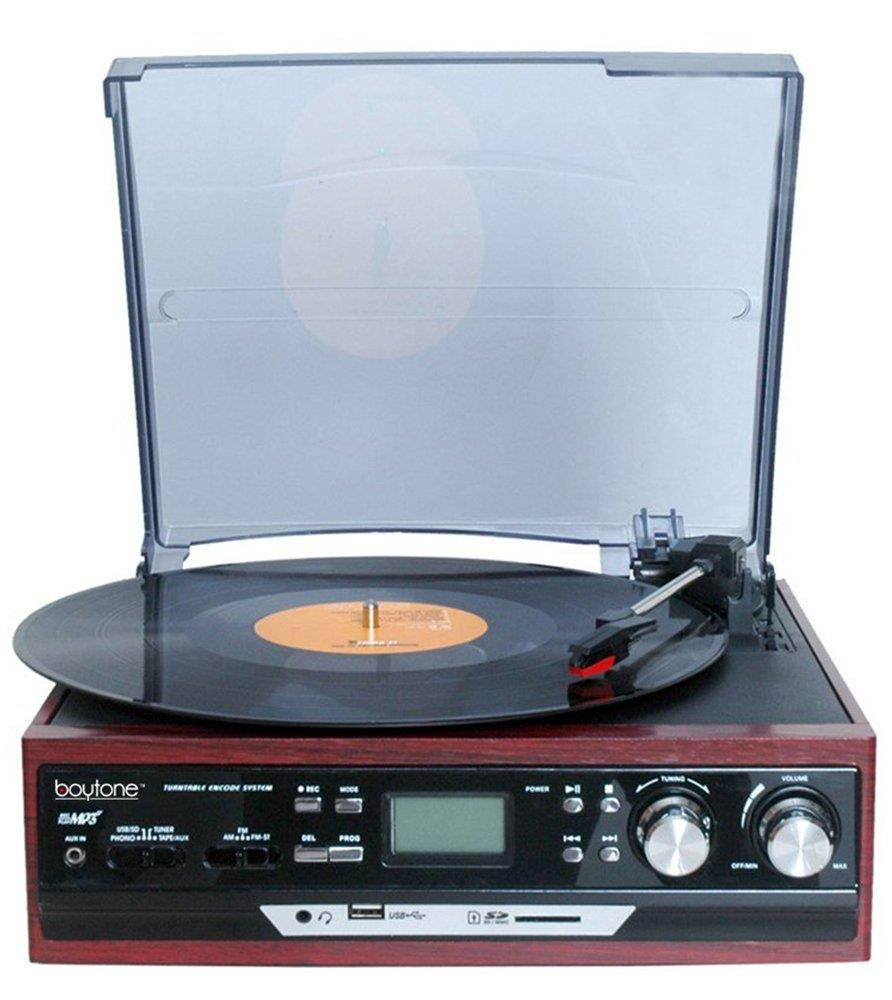Boytone BT-17DJM 3-speed Stereo Turntable, 2 Built in Speakers Digital LCD Display AM/FM Radio, USB/SD Slot, AUX+ MP3 & WMA Playback /Recorder & Headphone Jack + Remote Control