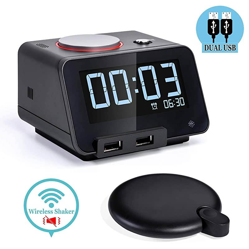 Alarm Clocks with Wireless Shaker 3 Level Intense Vibrating Shaker for Heavy SleepersDeafHearing Disorder Digital Alarm Clocks with Speaker amp Dual Charging Ports Black