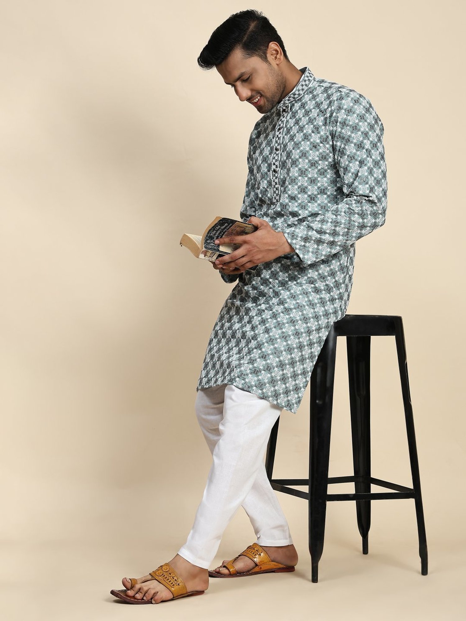 Pro-Ethic Style Developer Firozi & White Cotton Regular Fit Embellished Kurta Bottom Set